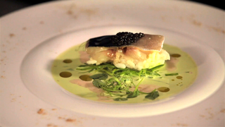 Iki Jimi Applewood smoked Mackerel Nigiri, Chilled pea velouté, cepe dust, sour cream & sage oil